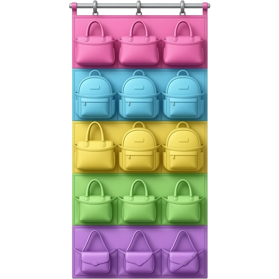 pink, blue, yellow, green, purplea vertical hanging bag organizer, multiple tiers hanging downward, each level holding different bags such as handbags, backpacks, tote bags, and crossbody bags, neatly arranged from top to bottom, inspired by Barbie colour palette emoji