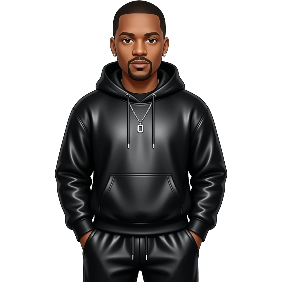Jay-Z with dark brown eyes, black hair, black metallic sweatshirt, black metallic baggy sweatpants, necklace and short earrings emoji