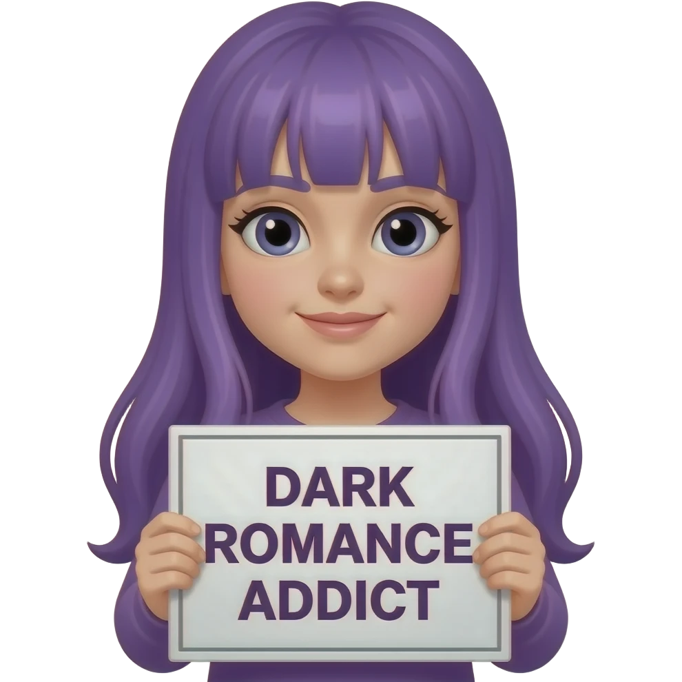 girl with long purple hair holding a DARK ROMANCE ADDICT sign emoji
