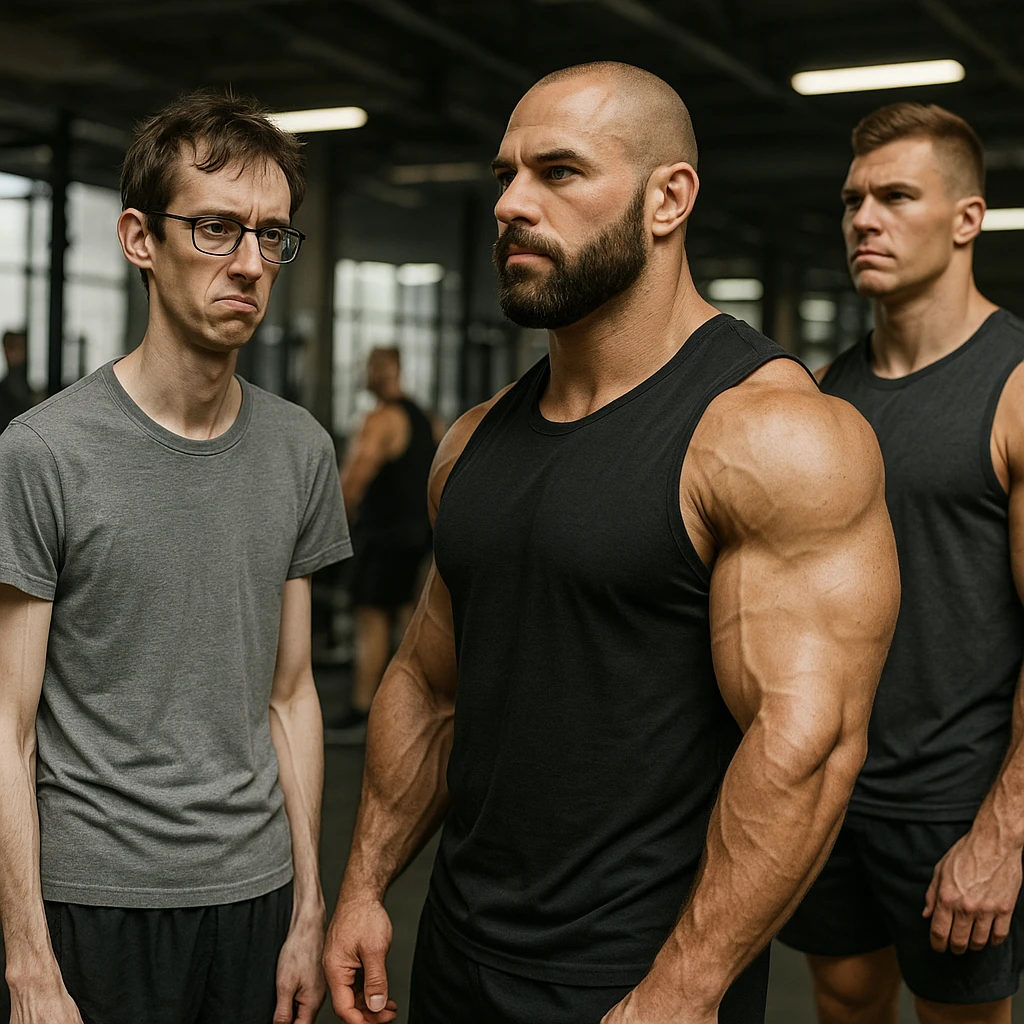 realistic scene of a skinny beginner in a gym with an envious expression looking at muscular men with developed physiques, realistic atmosphere, gym environment, contrast between slender and athletic bodies emoji