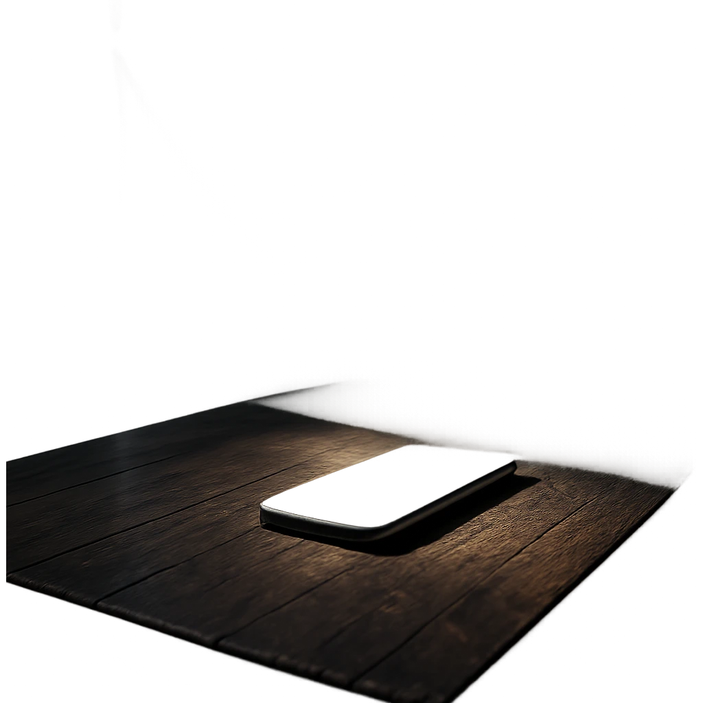 dark room in loft style, iphone lies on wooden table, beam of light shines directly on it and on table emoji