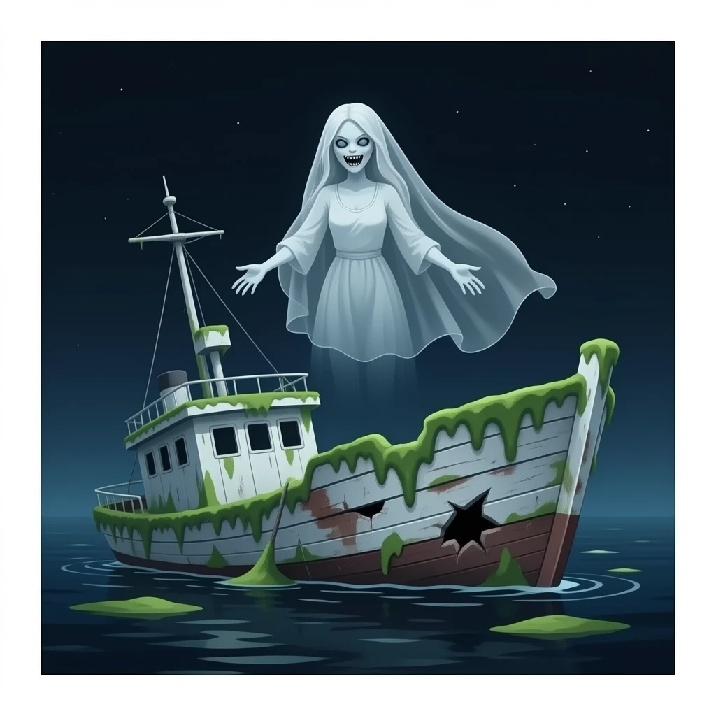 cinematic realistic - a broken boat with a terrifying female apparition around which a transparent veil flutters hovers over a wrecked ship covered in algae emoji