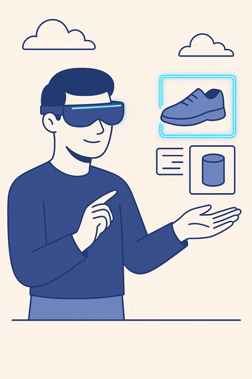 sleek minimalist illustration showing a marketer using augmented reality glasses to interact with 3D product ads, neon accents, clean tech-inspired look emoji