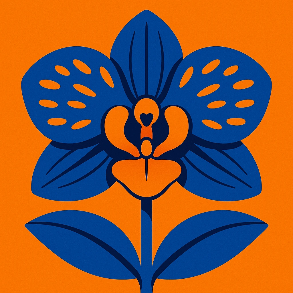 blue and orange colored orchid, stylized and modern emoji