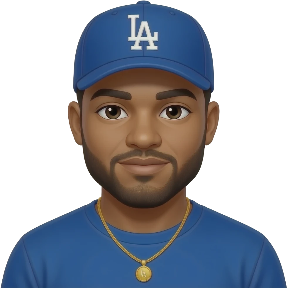 African American chubby man with a beige skin complextion with lightly shaved black beard wearing a blue Los Angeles Dodgers baseball cap wearing a long sleeve blue shirt wearing a gold tennis necklace emoji
