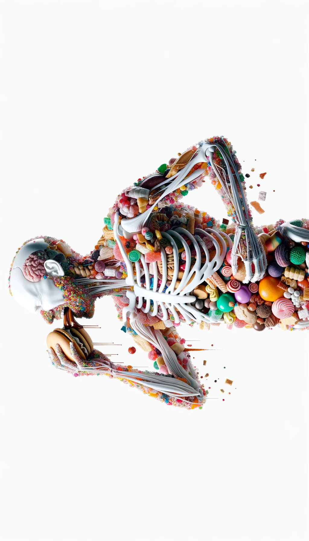 corpo umano anatomico in piedi a figura intera che si abbuffa di dolci e zuccheri, iperrealistico 4k, isolato su sfondo bianco emoji