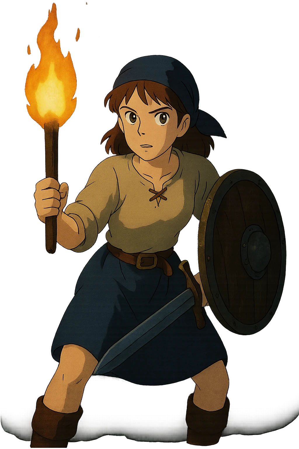 a warrior maiden with a sword and shield, common tavern clothing, eye gleam, defense stance, repose, amid darkness of midnight, holding only a torch emoji