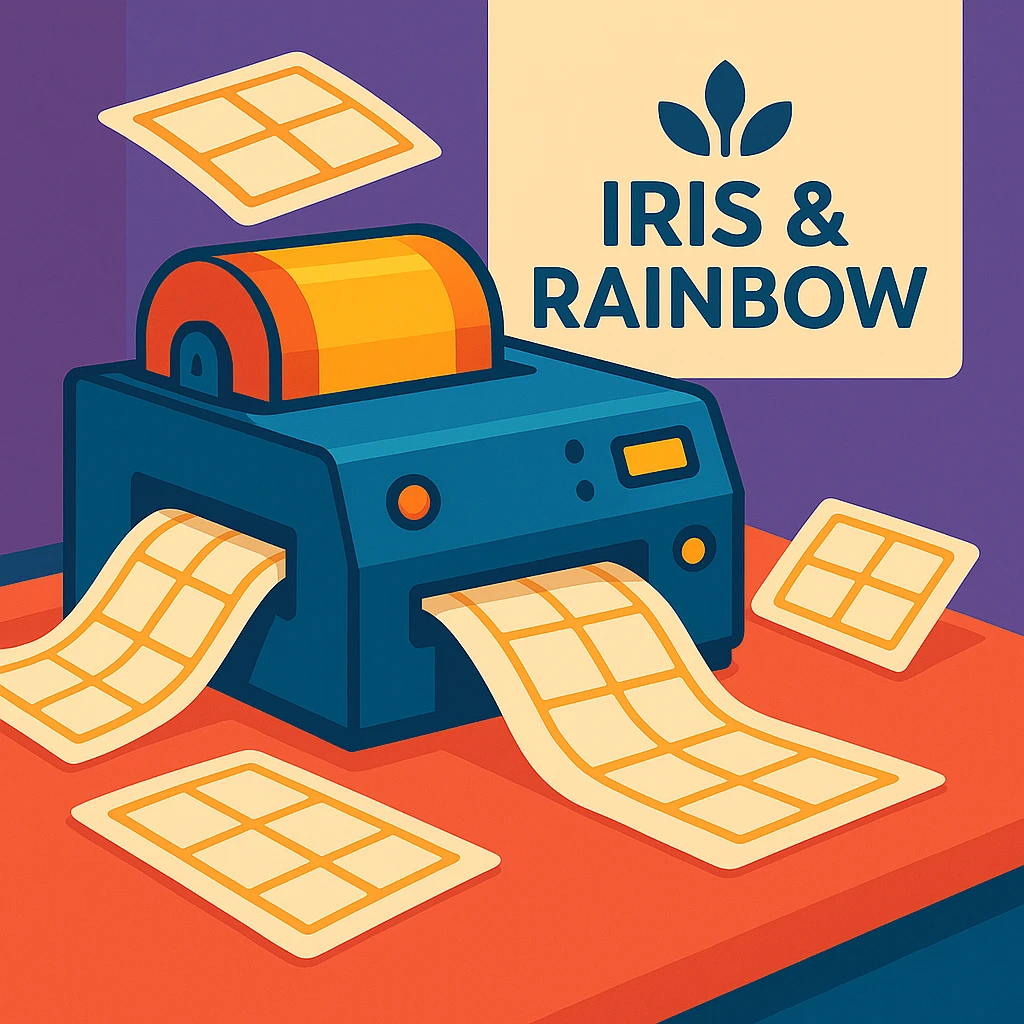 Change the background color behind the 'Iris & Rainbow' logo to purple. Do not add a rainbow to the logo. Keep the rest of the scene the same: a busy label printer in action, sheets of labels coming out, stylish logo. emoji