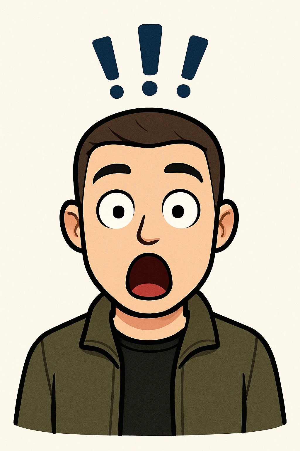 bitmoji style male, surprised, short hair, jacket emoji