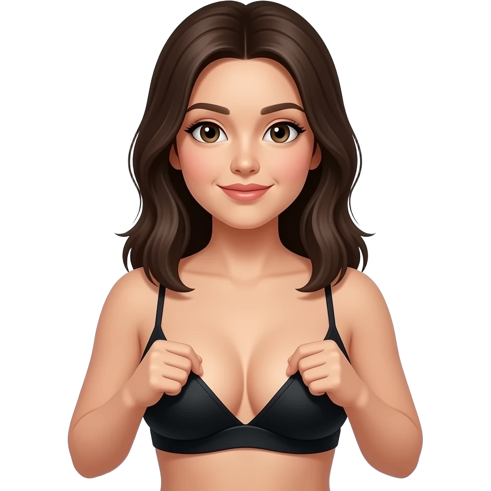 The image is a photograph of a young woman with large breasts, posing for the camera, flashing her breasts emoji