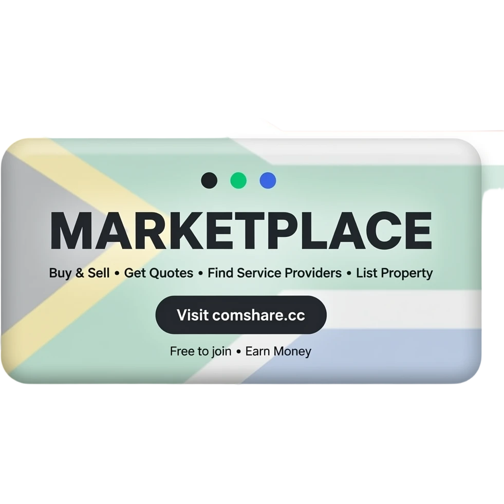 Main heading: "MARKETPLACE" Subtext: "Buy & Sell • Get Quotes • Find Service Providers • List Property" Call to action: "Visit comshare.cc" Bottom text: "Free to join • Earn Money"  Style: Modern, clean, professional. South African themed.   Include subtle icons for shopping, sharing, money. emoji