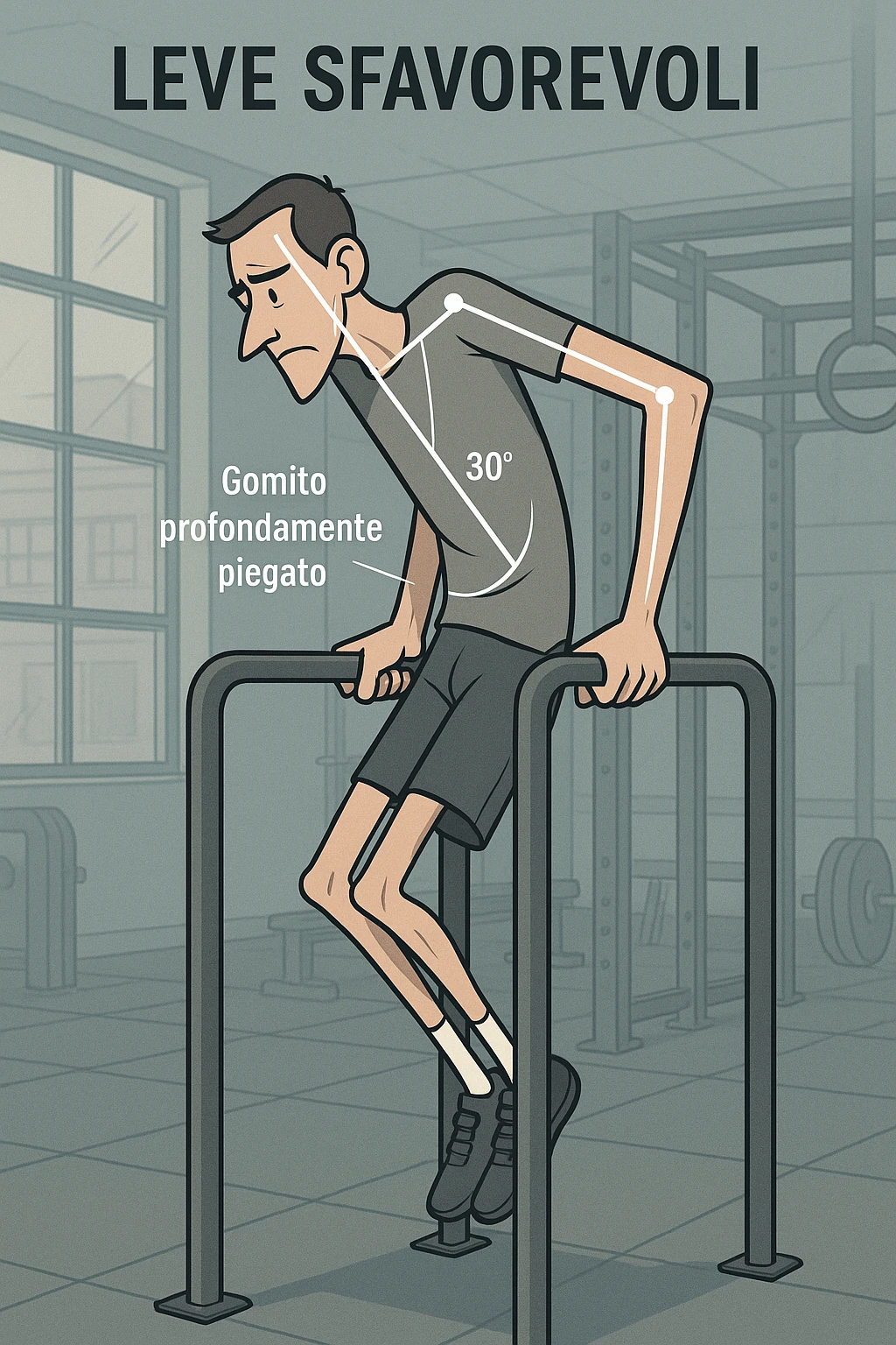 a tall, lean man with very long arms and a short torso attempts a dip on parallel bars. His elbows are deeply bent and his body appears awkwardly positioned, highlighting the mechanical disadvantage. An overlay shows anatomical lines and angles, with labels explaining “Leve Sfavorevoli” The background is a modern gym, with a focus on biomechanics. in italiano emoji