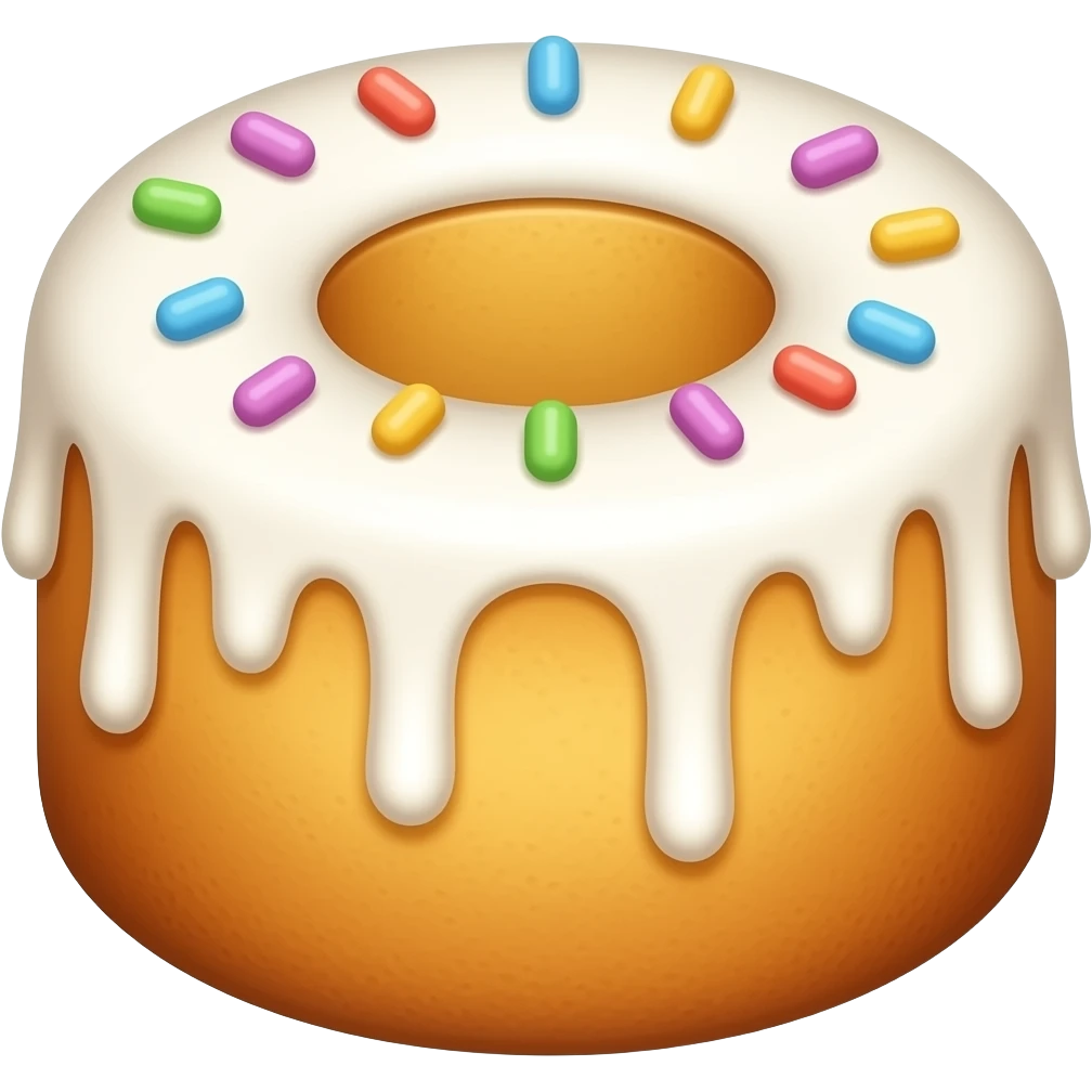 Создай кулич в стиле эмоджи iPhone — это круглая, слегка выпуклая форма с мягкой, золотистой корочкой, будто только что из печи. Верхушка украшена белоснежной глазурью, которая стекает по бокам капельками. В центре — разноцветная посыпка: крошечные сахарные шарики. emoji