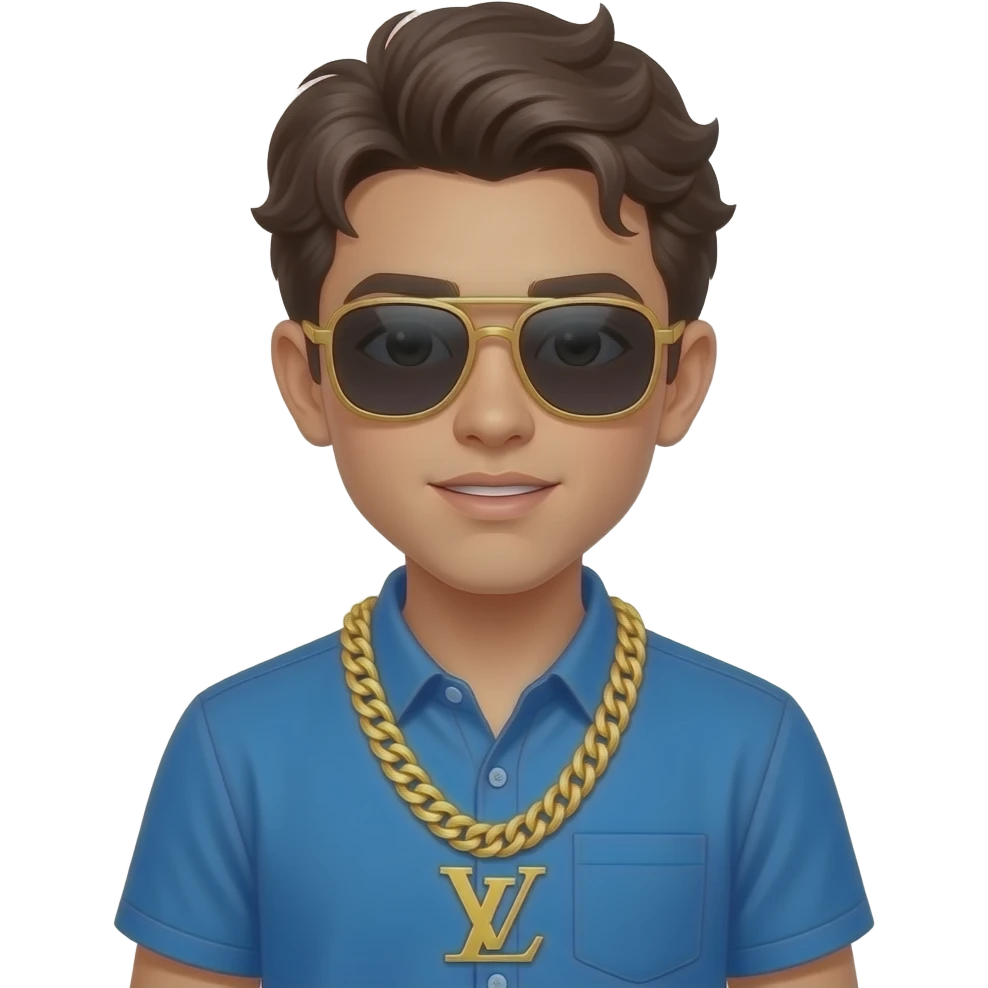 generate me white boy who doing rap with chain"rockstar" and  with lv billionaire sunglasses and dark hair not black and with a blue summer shirt emoji