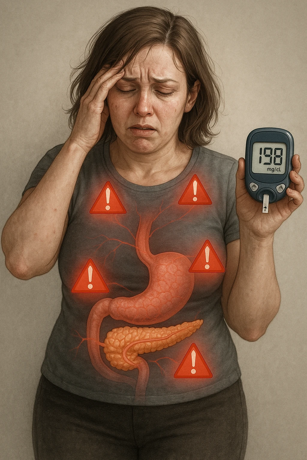 "Woman struggling with worsening insulin sensitivity, blood sugar spikes visualized as red warning signals throughout her body, expression of energy crashes and sugar cravings, pancreas working overtime shown in transparent overlay, pre-diabetic progression despite dietary efforts, metabolic syndrome symptoms accumulating, glucose meter showing increasingly concerning readings" scritte in italiano emoji
