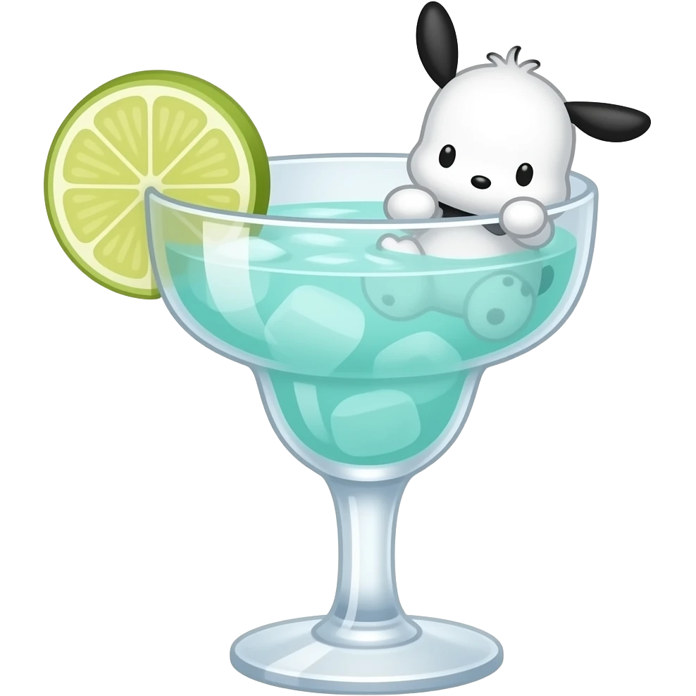 pochacco the sanrio character themed white and light turquoise colored cocktail in margarita glass with actual illustration of pochacco as a garnish emoji