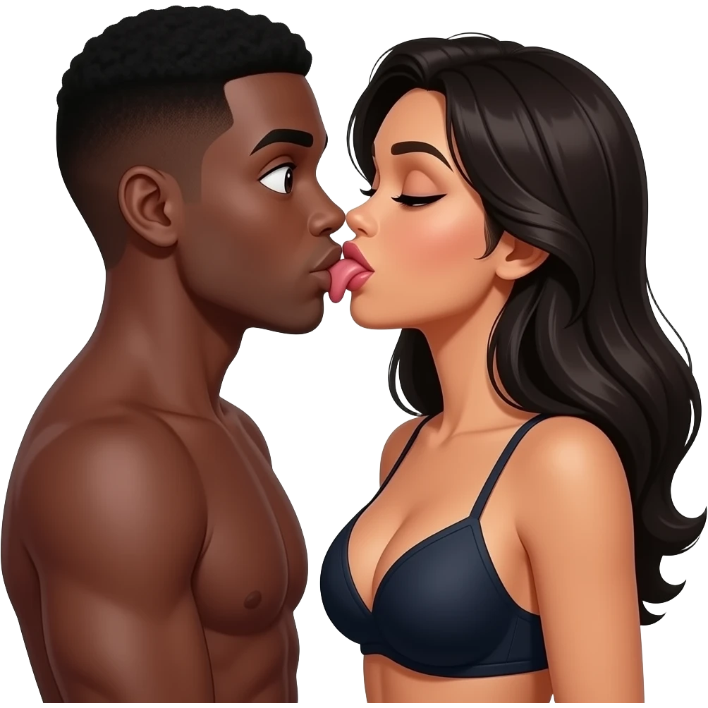 Black muscular man short hair big eyes french kissing brown Columbian woman long black hair large breast showing tongue licking between her legs emoji