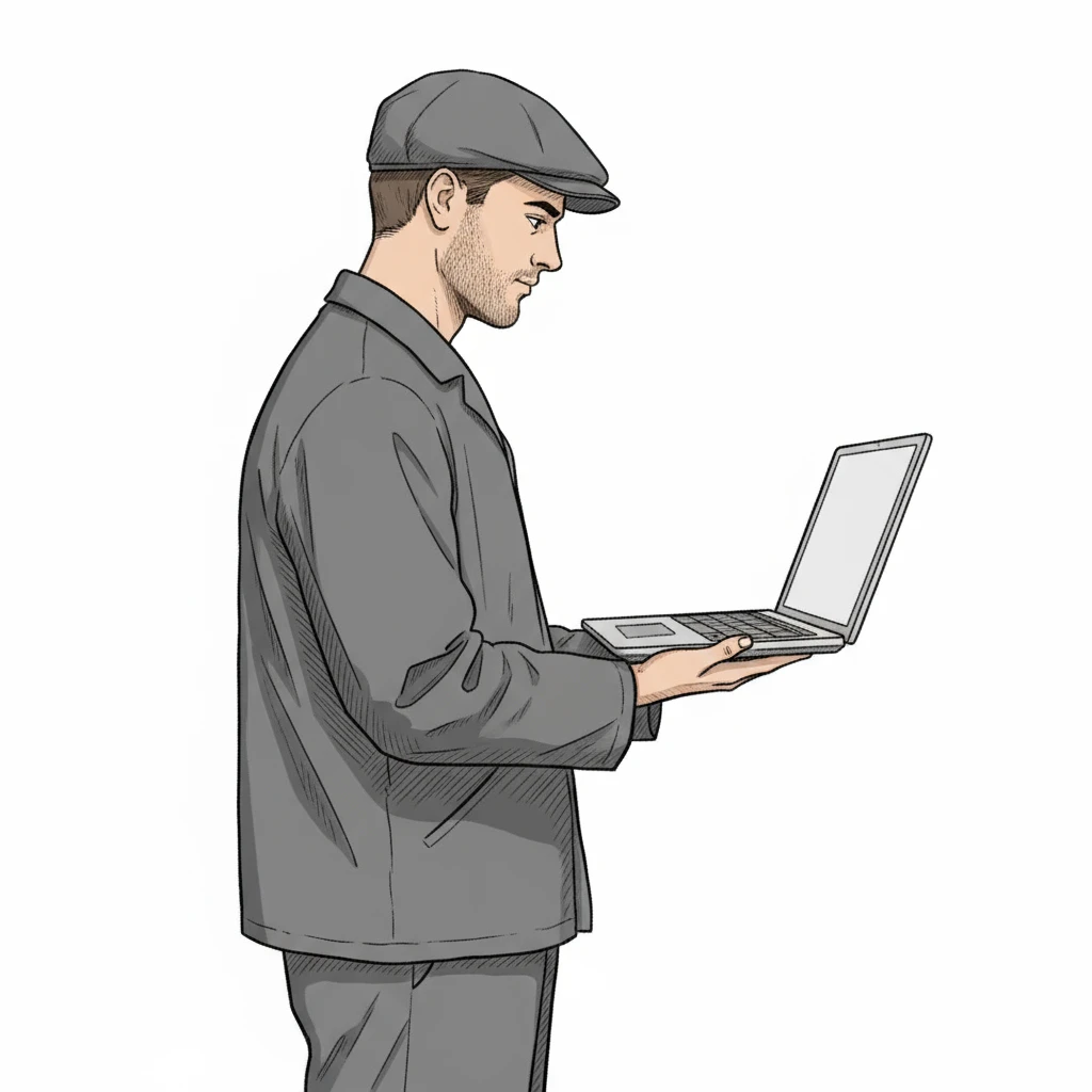 нарисуй похожего мужчину строго в профиль, который держит в руках ноутбук, как на картинке, но в стиле, как на картинке мужчина рабочий, без фона emoji