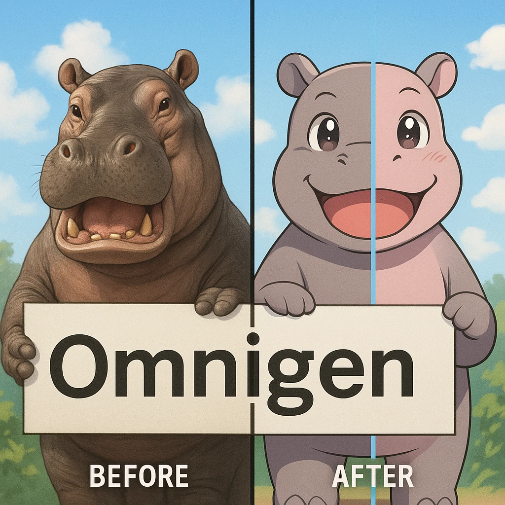 two hippo holding sign of omnigen, half picture 1 hippo is realistic another half is the anime of that same second hippo, with before after mark emoji