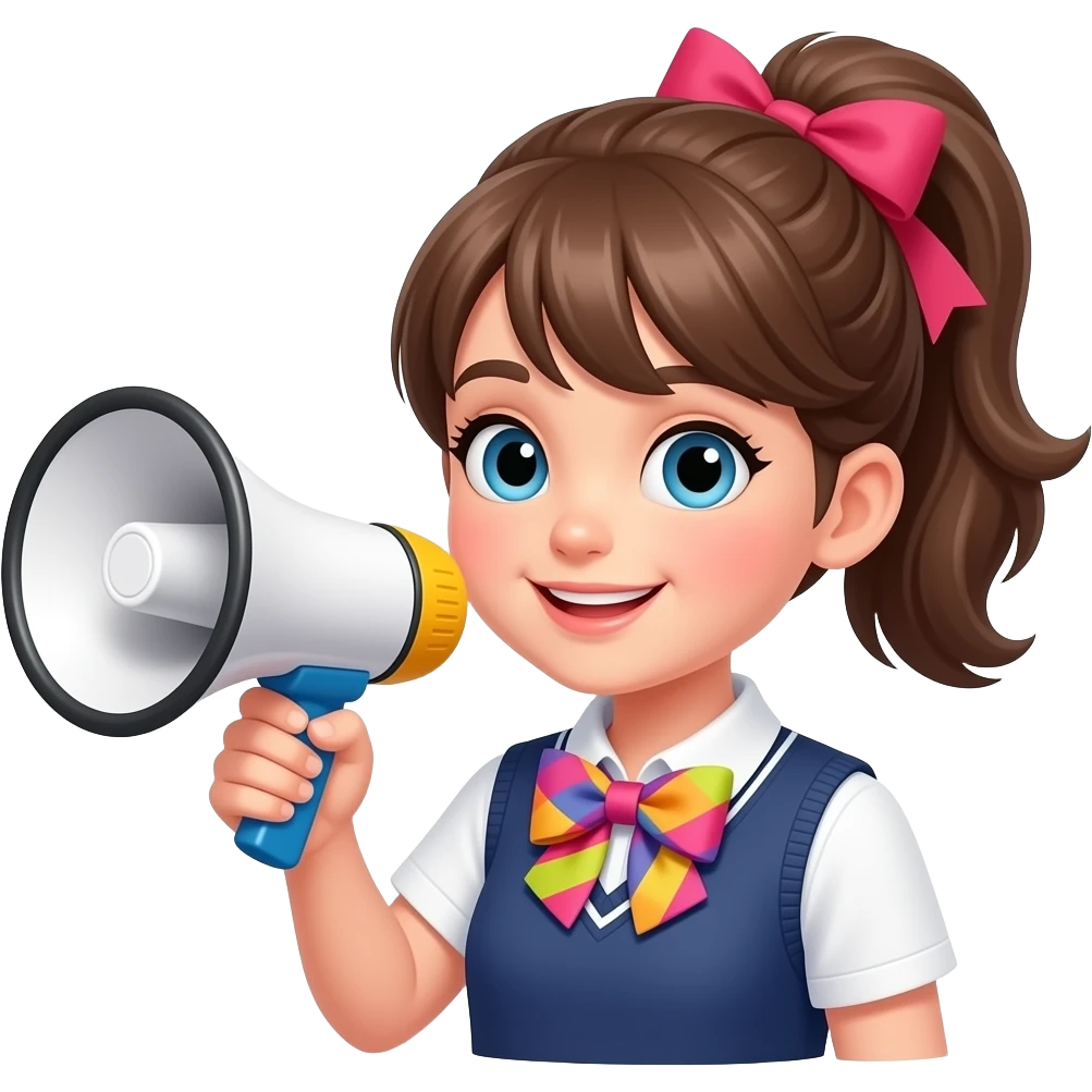 A pretty, fair-skinned high school girl with her hair tied up in a high ponytail, holding a megaphone and wearing a brightly colored bow. emoji