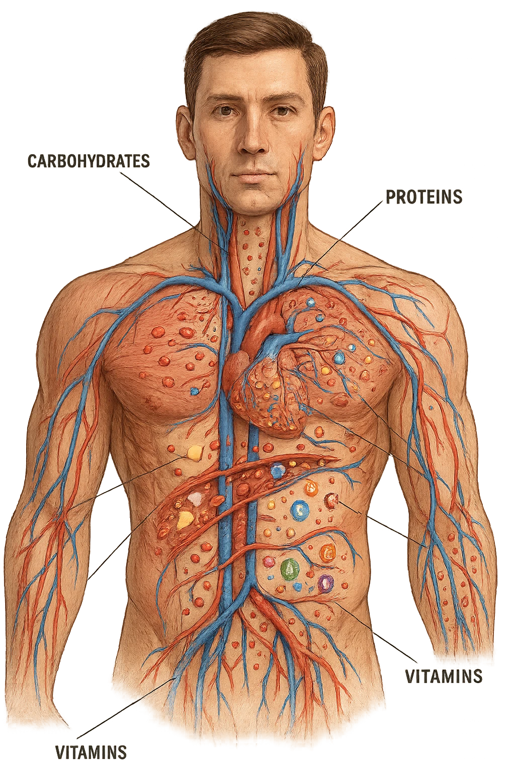 immagine realistica prendendo spunto da questa dei Nutrienti , vitamine, carboidrati ecc.. veicolati nel corpo emoji