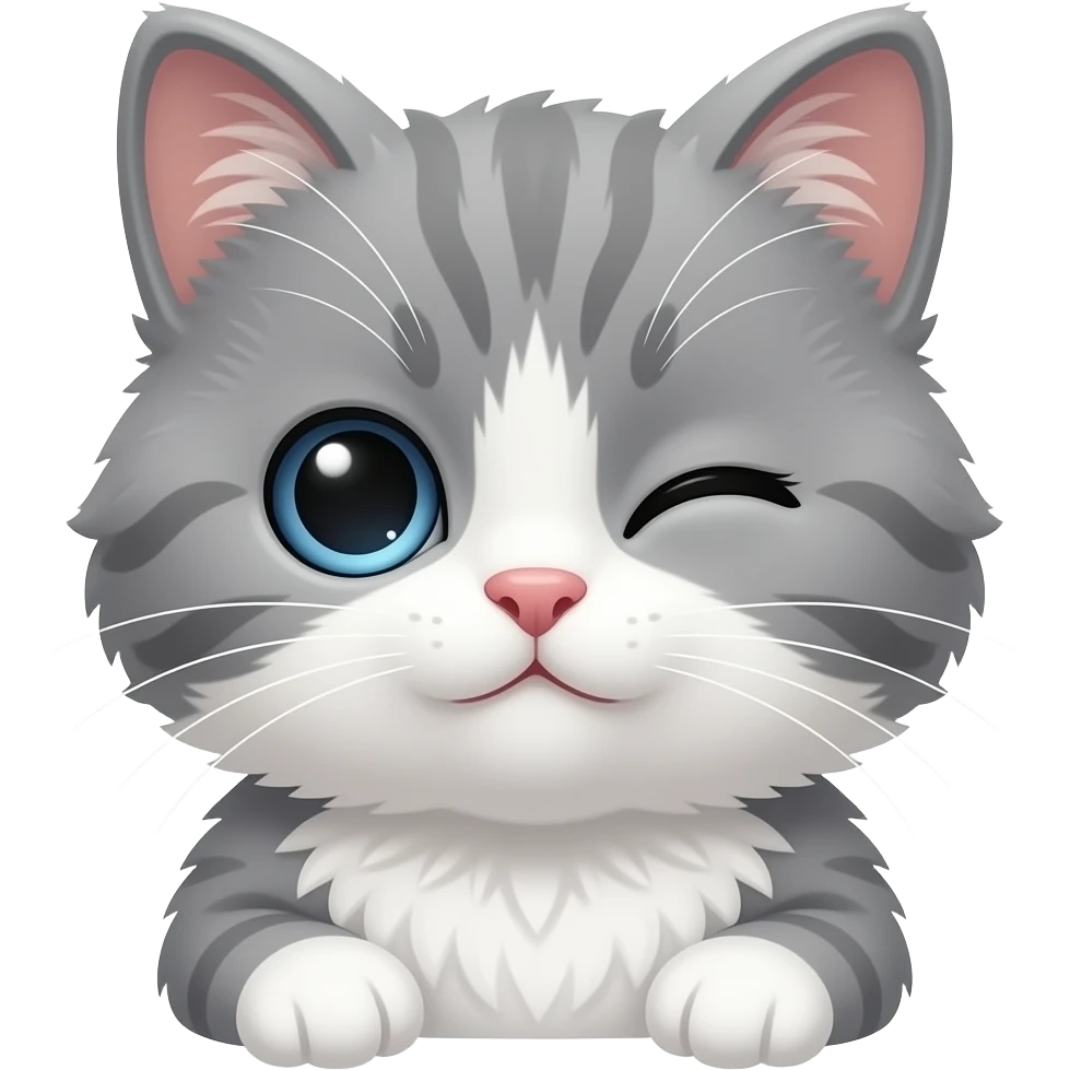 Милый пушистый серый котенок подмигивает emoji