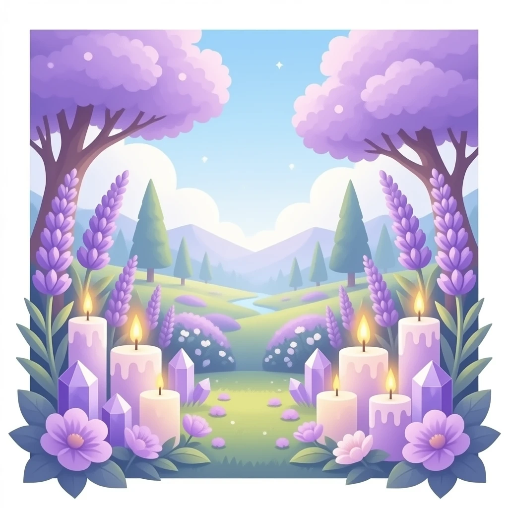 Aesthetic scenic romantic lavender lilac pastels beautiful gorgeous holy divine spiritual pretty elegant sparkly shiny scene of Candles, flowers, plants leaves, amethyst crystals, scenic aesthetic scenery emoji