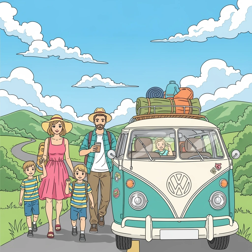 color vector art with thin outline of family on road trip with volkwagon van emoji