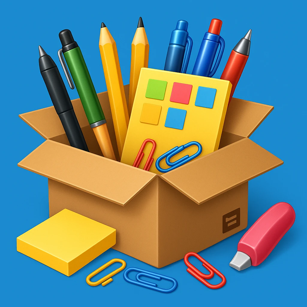 a cardboard box with assorted office supplies like pens, paper clips, and sticky notes spilling out in emoji style with a blue background emoji