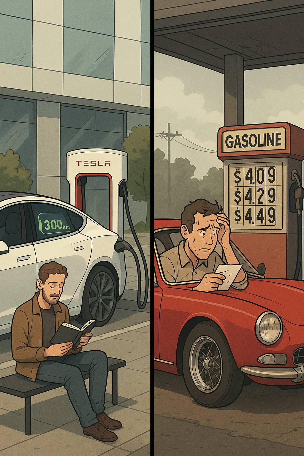 "Tesla Model S at charging station with owner reading book peacefully, battery indicator showing sufficient charge for 300km journey, versus vintage Italian sports car at gas station with owner anxiously calculating fuel costs, pump prices visible showing expensive gasoline, stress lines on traditional car owner's face, modern vs classic automotive philosophy clash" emoji