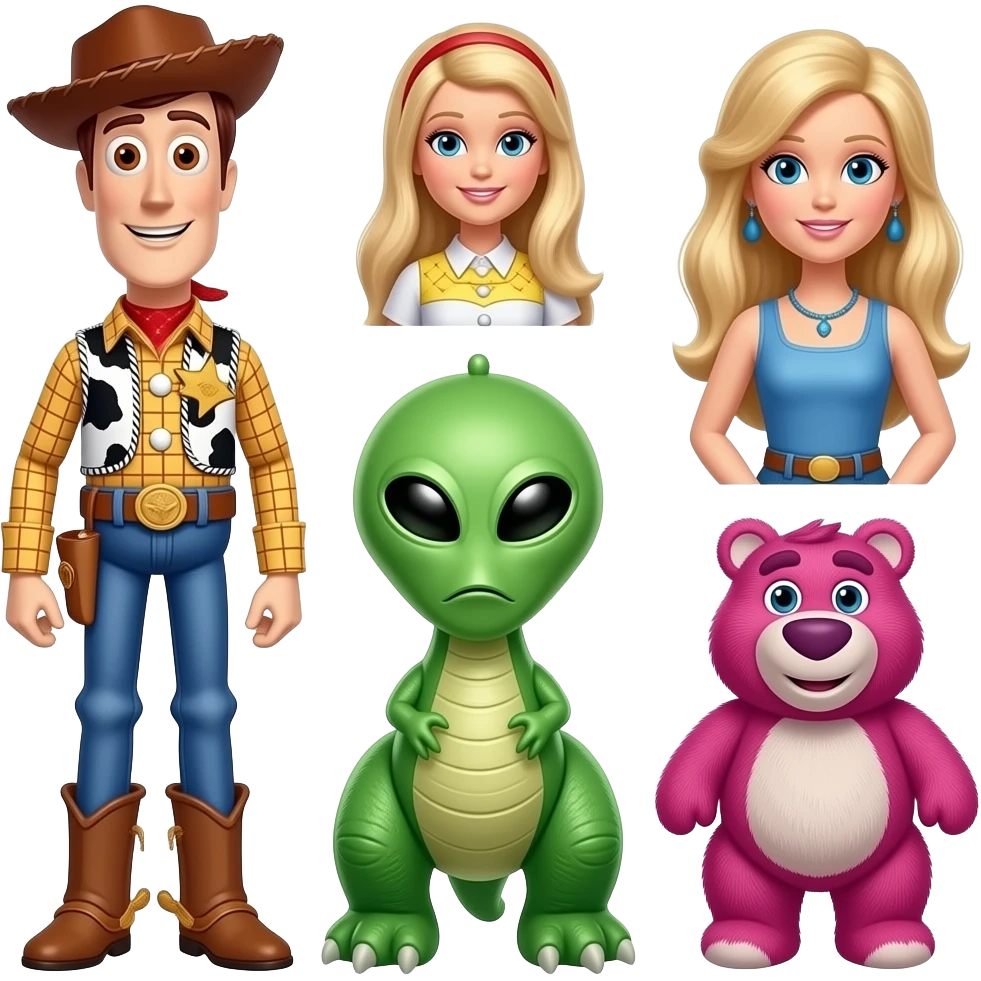 Toy Story have Buzz Lightyear, woody, Barbie, Ken, Jessie, bullseye, Mr tortilla head, Rex, aliens, Lotso, and hamm emoji
