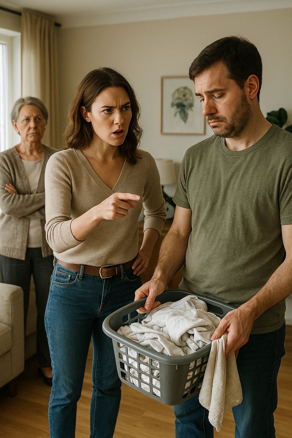 a woman stands assertively in the center of a living room, giving clear instructions to her partner. The man, with a submissive and resigned expression, follows her directions, perhaps holding household items or performing a chore. Behind them, an older woman (the mother-in-law) stands with crossed arms and a disapproving look, watching the scene unfold. The lighting is natural, and the atmosphere is tense but realistic. emoji