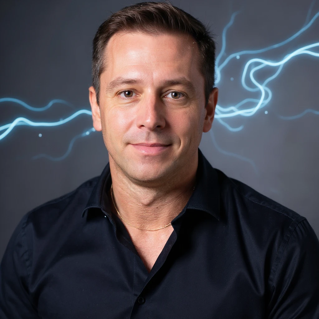Vertical portrait of a man's face in a realistic professional photography style. The expression is relaxed. Include small symbols of energy and vitality spreading from the face. The atmosphere conveys regeneration and health thanks to fasting. emoji