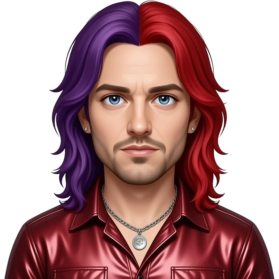 Corey Taylor with blue eyes, long red and purple hair, red metallic shirt, silver necklace and short earrings emoji