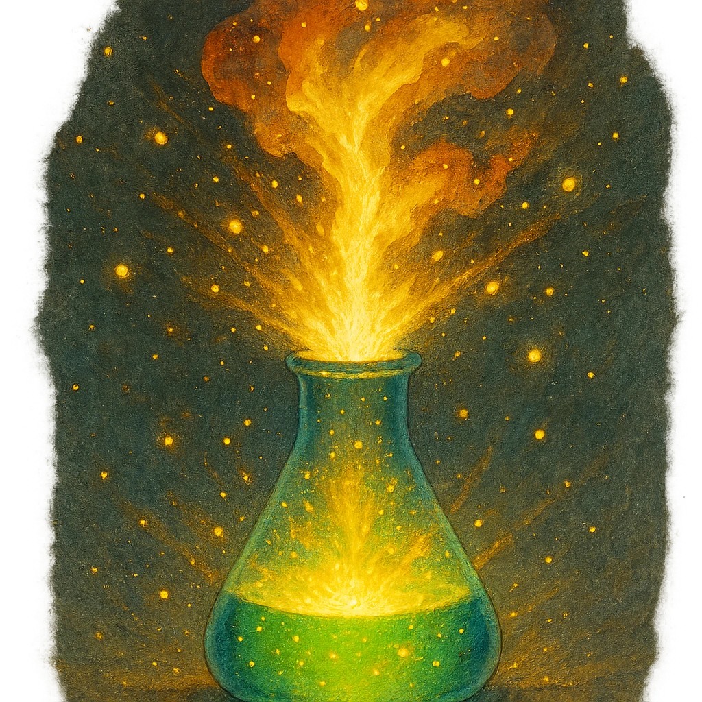exothermic chemical reaction, magical glowing beaker with energy emoji