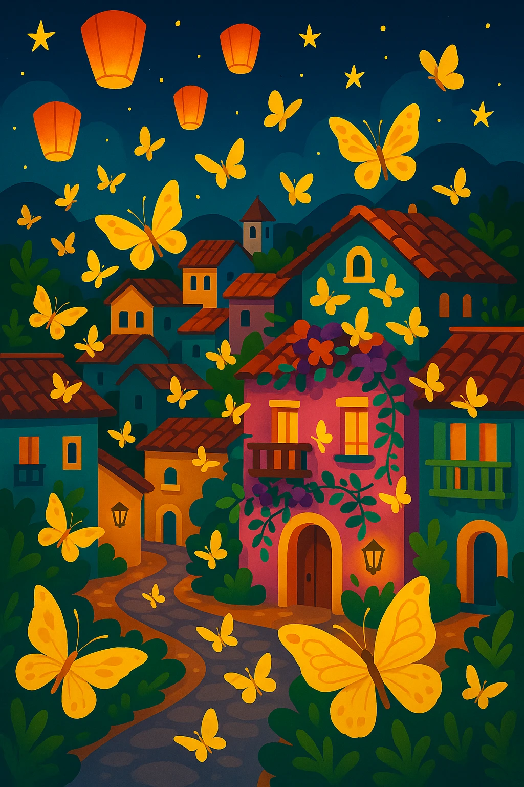 Add yellow butterflies fluttering around the mystical Colombian village, enhancing the magical realism atmosphere in a vibrant toon style. emoji