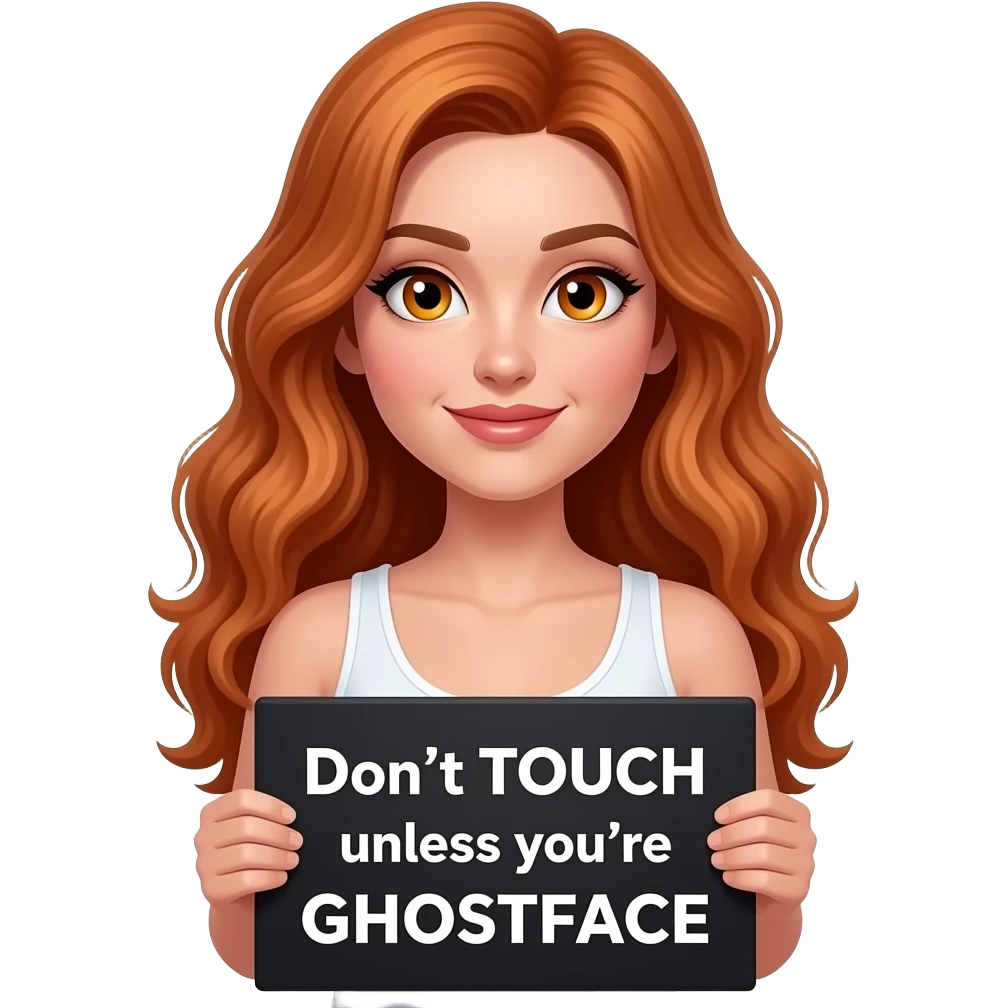 sexy girl with long wavy ginger hair and ginger eyes wearing a white tanktop is holding a black colored sign with Don't TOUCH unless you're GHOSTFACE written on it emoji