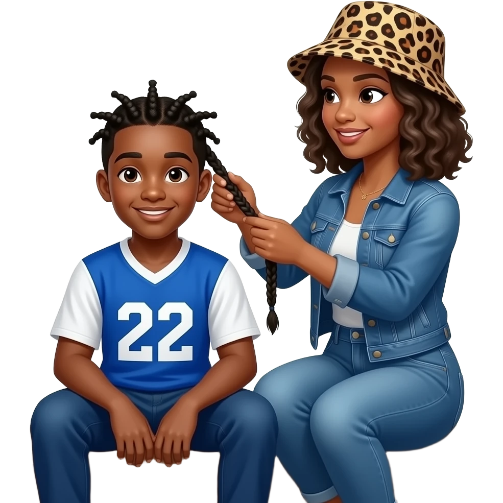 African American teenage boy sitting on porch steps wearing blue and white jersey shirt with 22 on it getting cornrow braided in her by an African American woman with shoulder length curly hair wearing a leopard print bucket hat wearing denim jeans and a denim jacket emoji