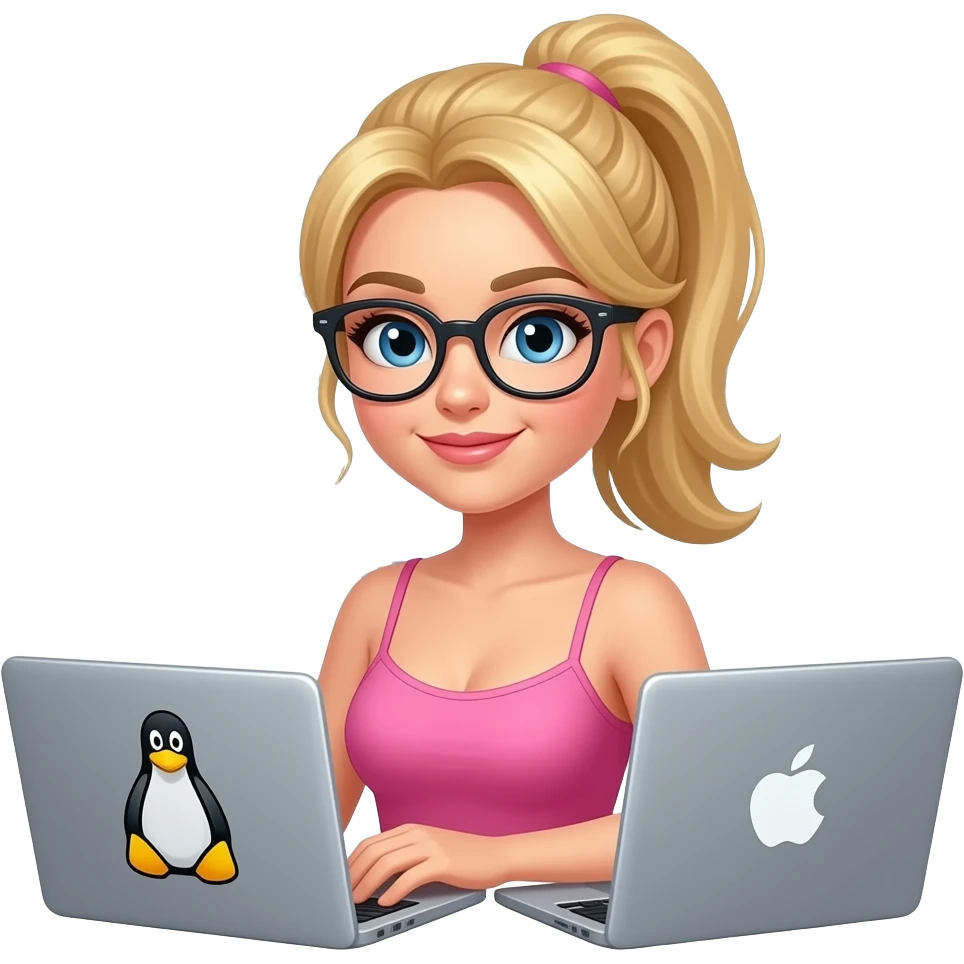 Sexy girl, blonde, blue eyes, slavic, ponytail, pink spaghetti strap, glasses, coder, 2x laptop (1 with linux logo, 1 with apple logo), computer code background emoji