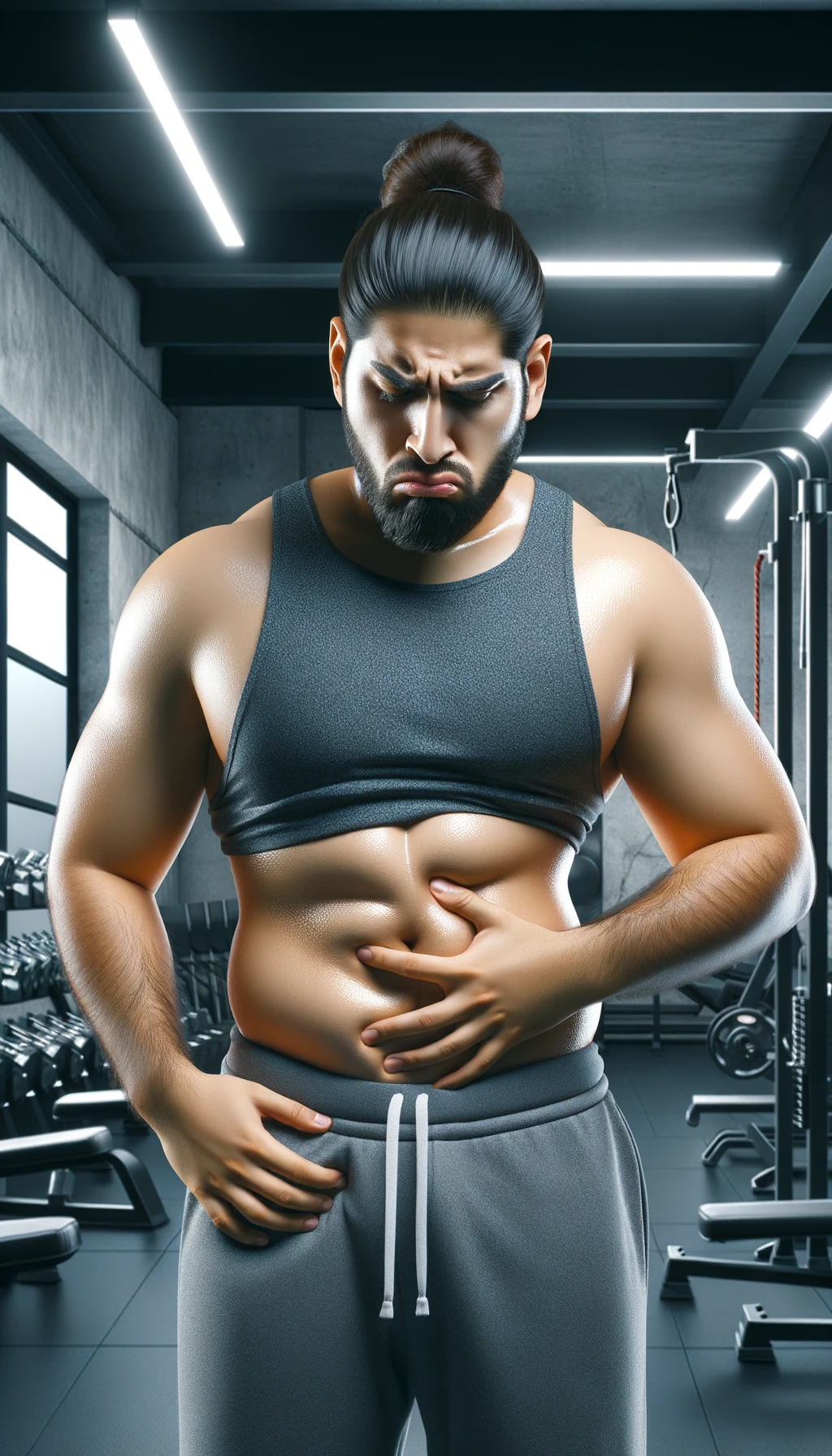 UOMO FITNESS LEGGERMENTE SOVRAPPESO, SI TOCCA LA PANCIA CON ESPRESSIONE DISPIACIUTA IN VOLTO, iperrealistico 4k emoji