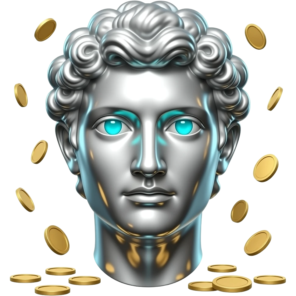 A polished chrome stoic Greek statue head front facing with glowing cyan (#00D4B1) eyes, no background. Metallic reflections with subtle cyan light accents. with gold coins falling in the background emoji