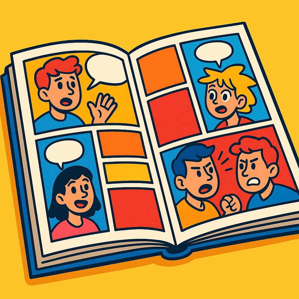 open comic book pages in vibrant cartoon style, showing panels, expressive characters, speech bubbles emoji