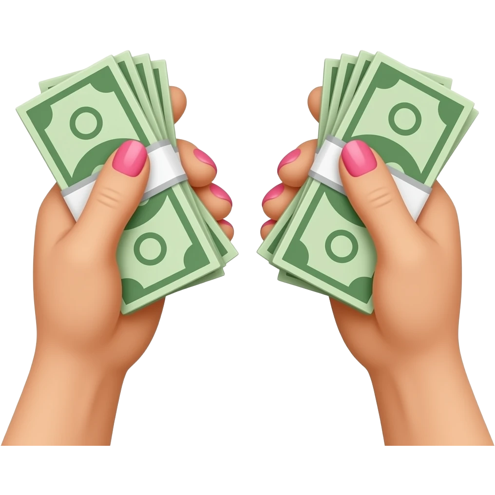 Two stacks of bills, two hands with pink nail polish, fair-skinned hands emoji