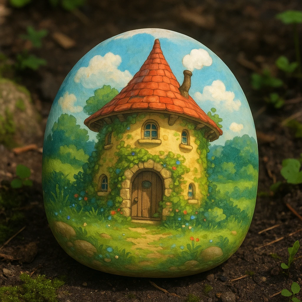 a painted rock, ghibli style, soft shading, whimsical and detailed emoji