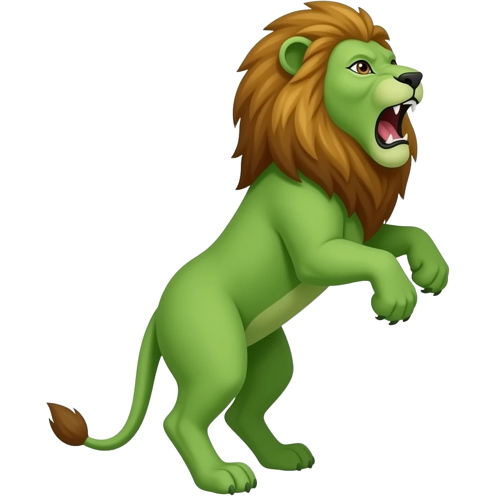 All Green Lion facing right standing up on back legs roaring emoji