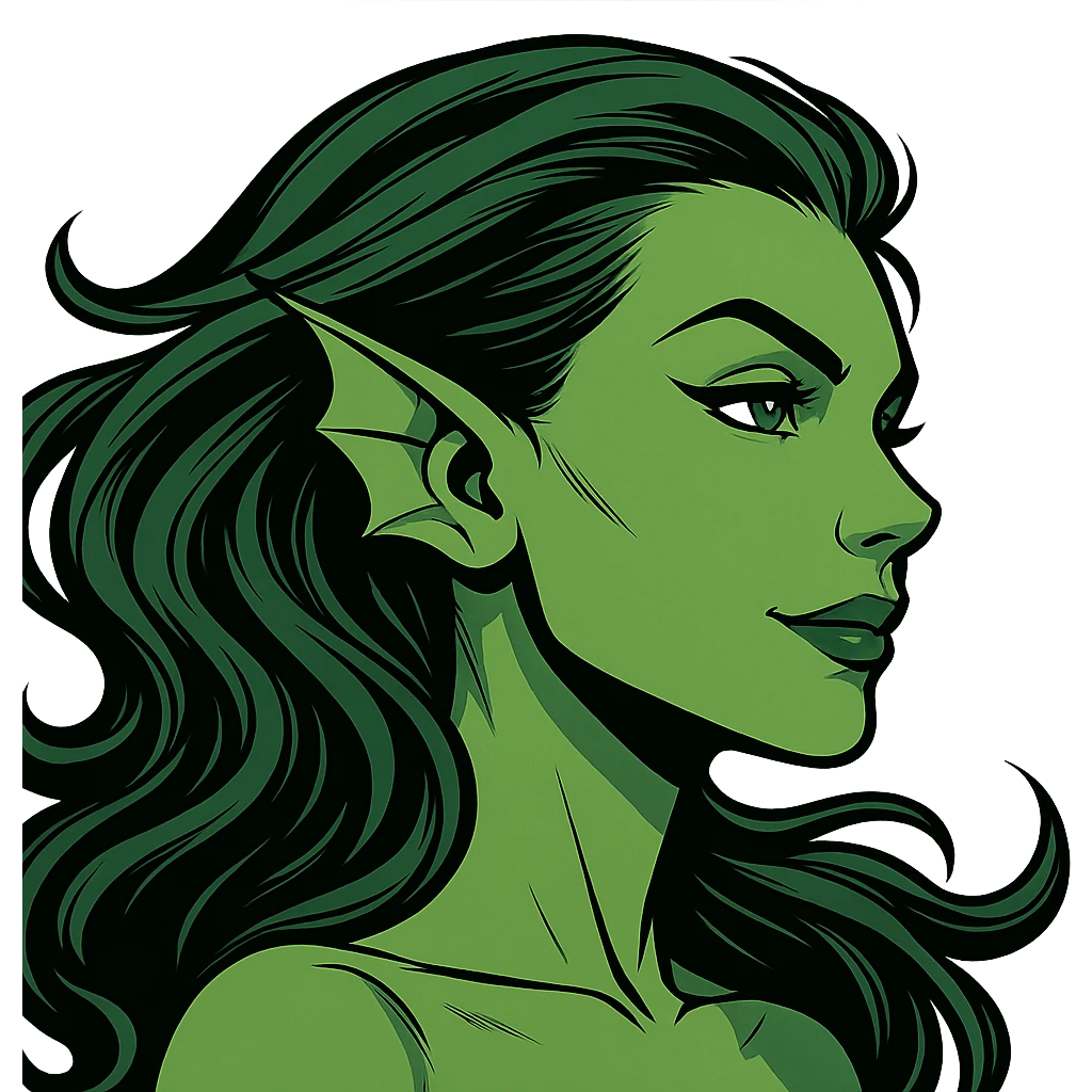 face close-up of Marrina Smallwood, Marvel character, attractive, aquatic features, green skin, flowing hair, confident expression, profile picture style emoji
