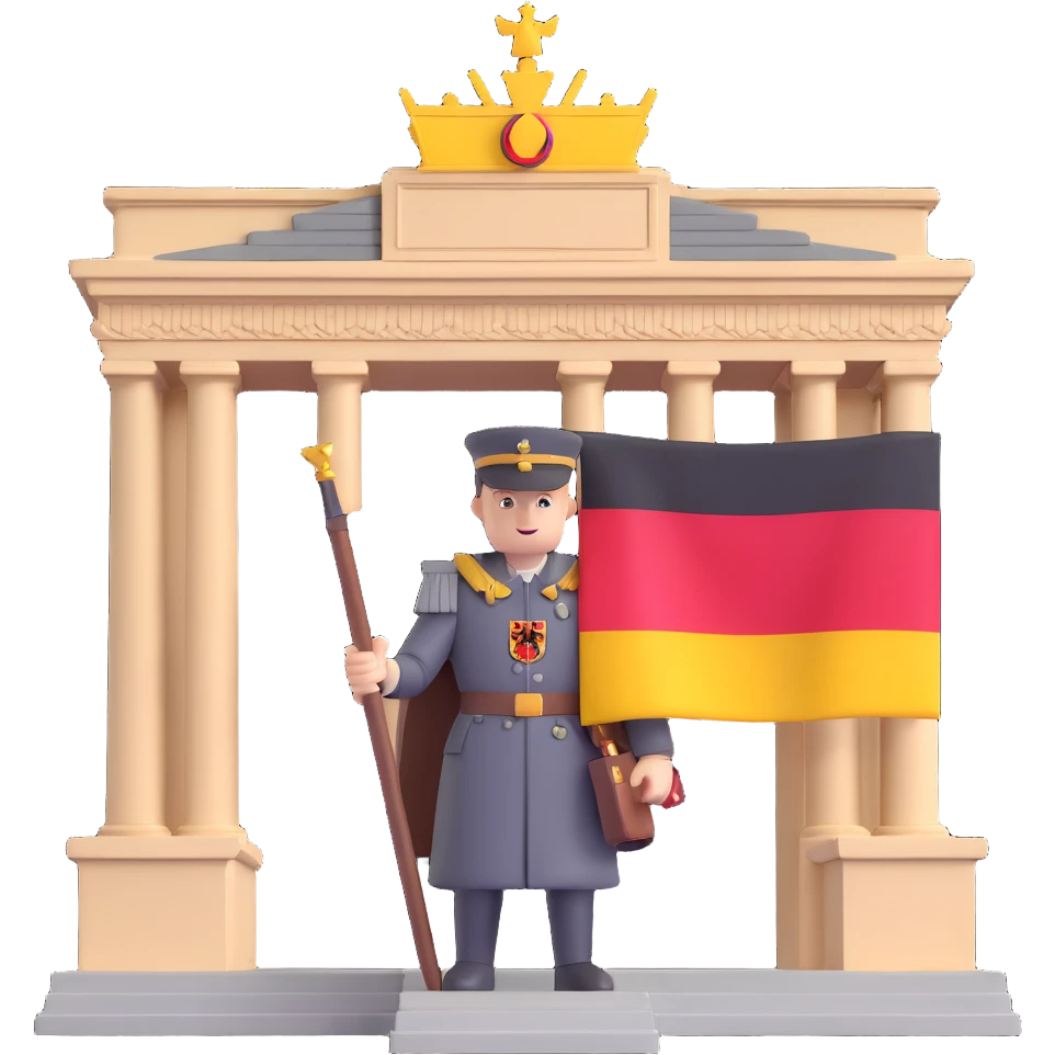 Add more German symbolism to the universal character in 3D style, including the German coat of arms, flag, and possibly the silhouette of the Brandenburg Gate or other recognizable German elements. Keep the 3D style and transparent background. emoji
