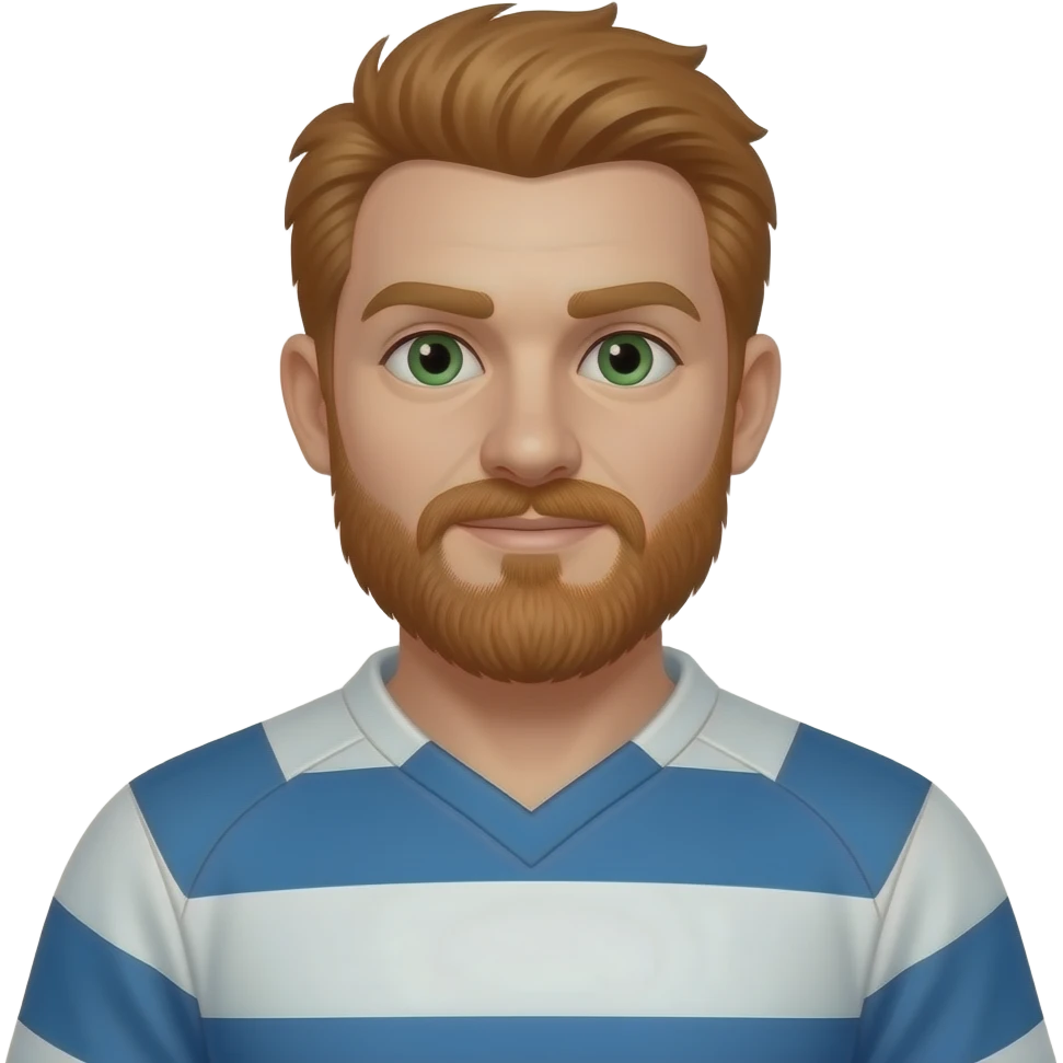 40 year old, Redheaded, beard male, chest hair, green eyes, rugby player emoji