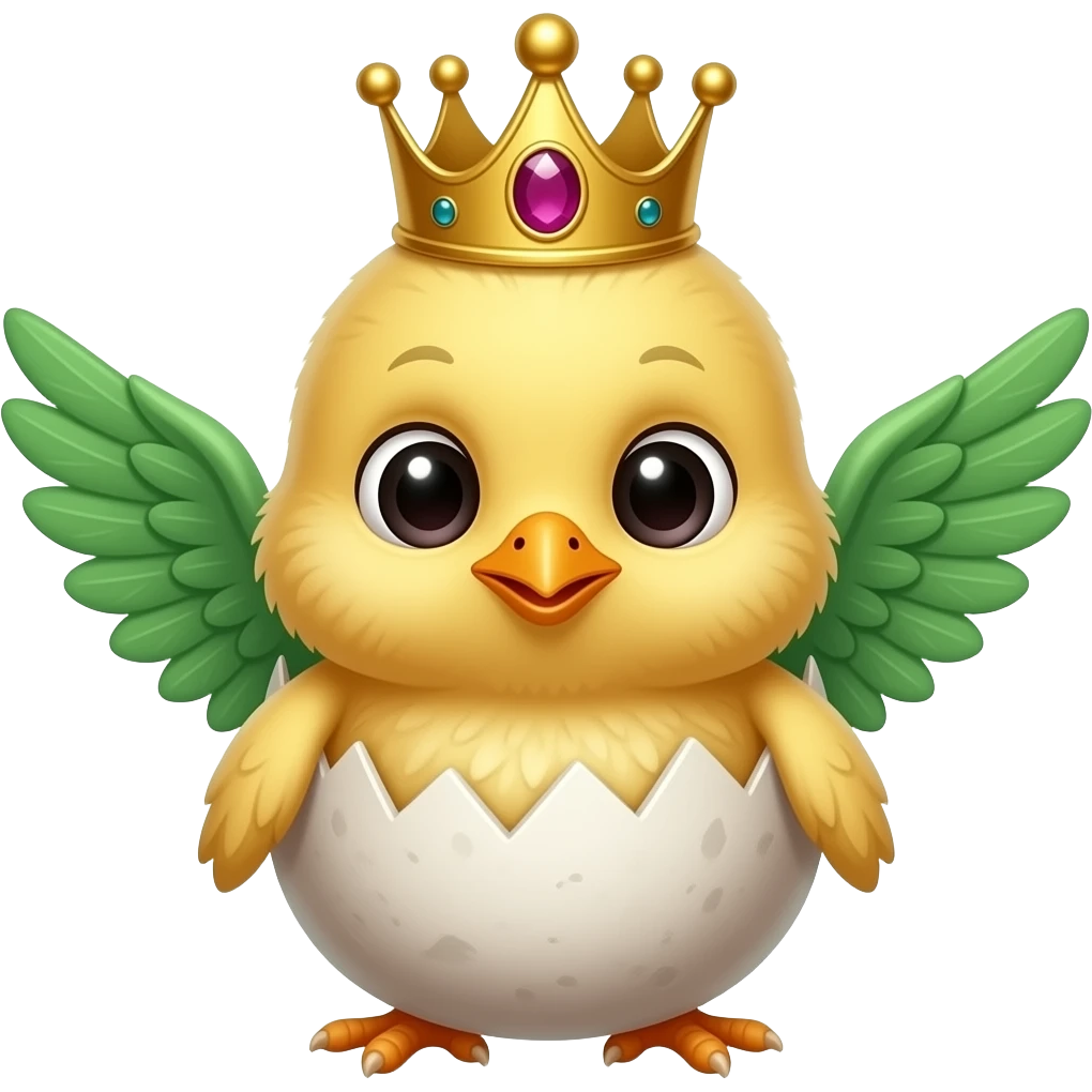 Hatched chick emoji coming out of an egg with green wings and a ruby-embedded queen's crown on top emoji