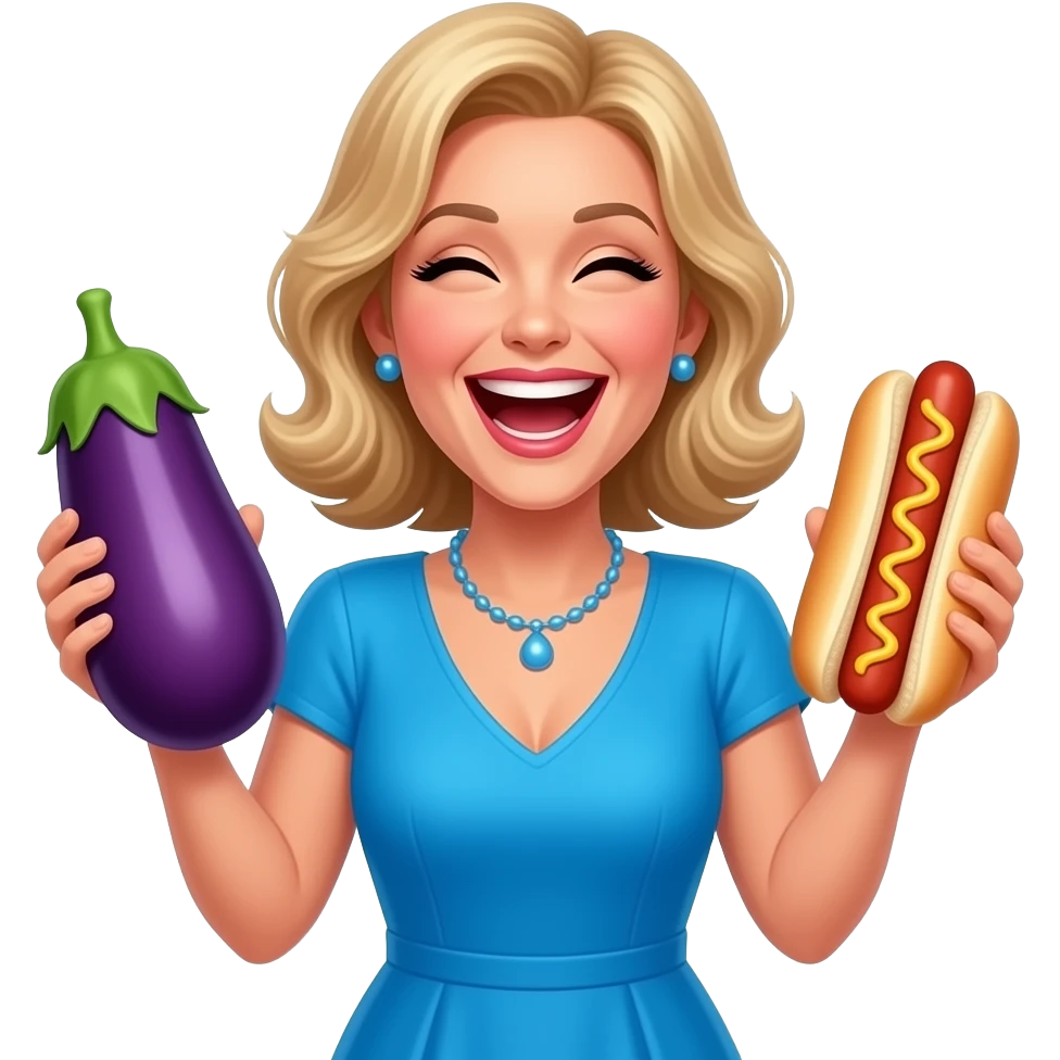 Janet from Three's Company celebrating a win with an eggplant hot dog emoji